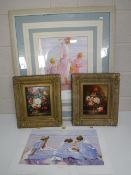 Two ornate gilt framed oils on panel still lifes together with two Roy Alison prints