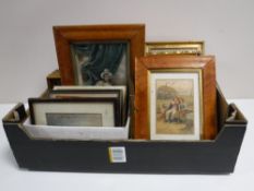 A box of a quantity of assorted framed pictures and picture frames; Victorian collage, chrystoleums,