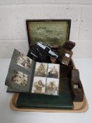 A tray containing vintage woodworking planes, Victorian inlaid trinket box,