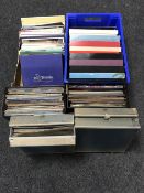 Two boxes and two record storage crates containing assorted LP's including 80's, box sets,