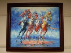 A contemporary school : Horse Racing, oil on canvas, 60cm x 50cm, indistinctly signed,