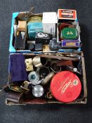 Two boxes of vintage tins, cameras, model aircraft, brass watering can,