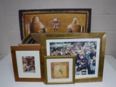 A box of assorted framed pictures and prints,