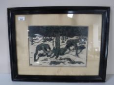 A framed woodcut print depicting two woodcutters initialled A.R.