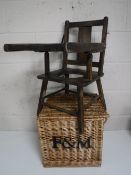 An Edwardian child's feeding chair together with a Fortnum & Masons wicker basket