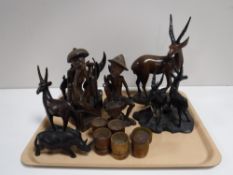 A tray containing wooden tourist animals and figures,
