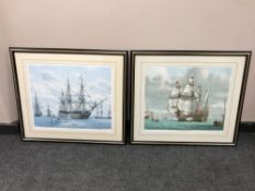 A pair of signed colour prints, depicting tall ships, 52cm x 43cm,