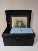 A tin trunk together with a painted cracket, brass framed mirror,