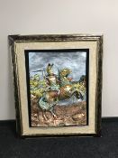 A framed ornate relief panel depicting Roman soldiers on horseback