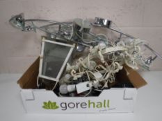 Three contemporary four spot track lights together with a box containing assorted metal light