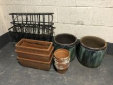 Three metal plant troughs together with assorted terracotta and glazed pottery planters