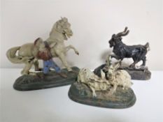 Three antique cold painted metal figures - Goat,