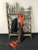 A Flymo garden vac together with two sets of folding wooden steps