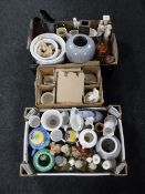 Three boxes of assorted china including Aynsley ware, vases, tea china,