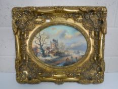 Continental school : A Frozen Landscape with Buildings Beyond, oil on panel, 38cm x 28cm,