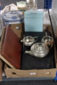 Two canteens of cutlery together with a three piece plated tea service and a contemporary boxed