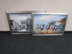Two contemporary silvered framed oils on canvas;