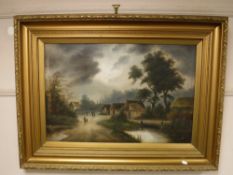 R Kerr : figures on a track, oil on canvas, signed, framed.