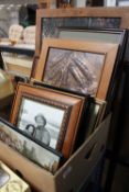 A box of assorted pictures and prints including framed photographs, colour print of Elvet Bridge,