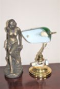 A brass banker's desk lamp and a gilt composition figure of a nude
