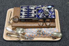 A tray containing canteen of fish cutlery, cased teaspoons, crested spoons, servers,