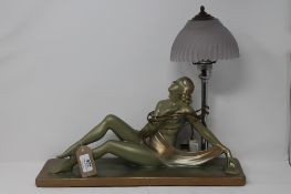 An Art Deco chalk figural table lamp of a seated nude
