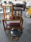 A two-tier dumb waiter trolley together with a rush seated stool and two hexagonal oak leather
