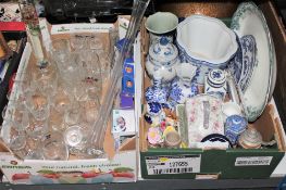 Two boxes of assorted china, ashettes, die cast vehicles,