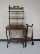 An antique mahogany two-tier occasional table together with a two-tier plant stand and an oak wall