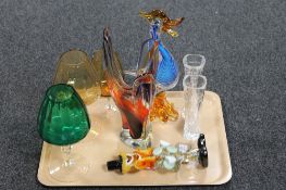 A tray containing a Murano glass clown, lead crystal vase, 1970's coloured glass ware,