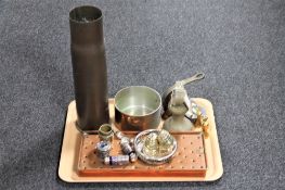 A tray of brass ammunition shell and drip tray, cruet sets, brass weights,