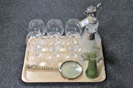 A tray containing a cut glass and plated decanter and claret jug,
