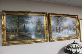 Two ornate gilt framed oils on board depicting flowing rivers