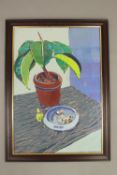Christine McArthur RSW RGI (Scottish born 1953) : still life of a plant pot and an ashtray,