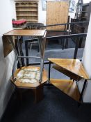 A teak two-tier corner magazine table together with an octagonal teak tile topped lamp table and a