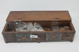 An early 20th century wooden metal bound table casket containing pre decimal coinage