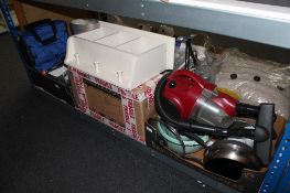 A painted kitchen shelf together with a boxed extraction hood and two boxes of cylinder vac,
