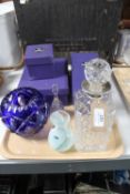 A tray of cut glass and plated whisky decanter, Caithness vase,