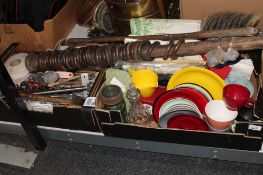 Two boxes of mid 20th century kitchenalia, dinner ware, antique glass storage jar, table linen,