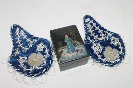 A pair of beadwork pockets together with a Russian lacquer box