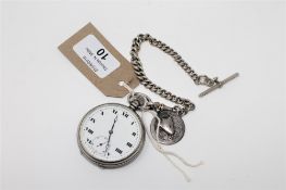 A silver cased pocket watch with silver Albert chain CONDITION REPORT: The watch is