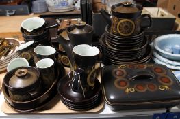 A tray of approximately forty three pieces of Denby Arabesque tea and dinner ware