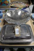 Two 20th century plated entree dishes with covers together with a plated swing handled basket