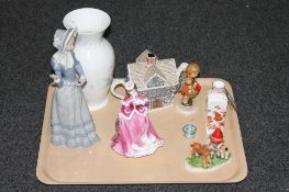 A tray containing a Lladro figure of a lady (lacking parasol), Aynsley vase,
