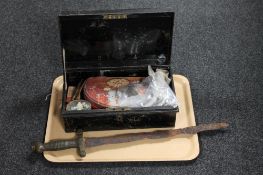 A tray of antique brass handled short sword together with a metal deed box containing military
