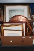 A box of assorted framed prints, mahogany framed mirror, plated scalloped edge tray, brass tray,