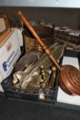 A box of assorted brass ware including, curb, coal bucket, screen,