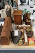 A tray containing crucifix, chalk religious figure and icon, vintage leather cased gents travel set,