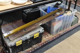 A plastic tub and two toolboxes containing a large quantity of assorted hand tools, brushes,