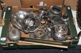 A box containing a quantity of 20th century plated wares together with a vintage precision ruler